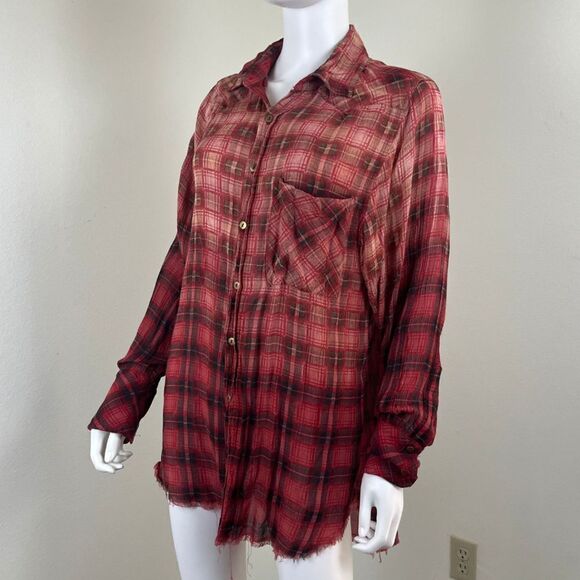 Free People Womens Size XS Red Festival Plaid Distressed Button Up High Low Top - Picture 14 of 14